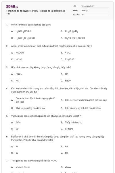 Tổng hợp đề ôn luyện THPTQG Hóa học có lời giải (Đề số 14)