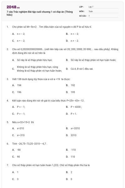 7 câu Trắc nghiệm Bài tập cuối chương 1 có đáp án (Thông hiểu)