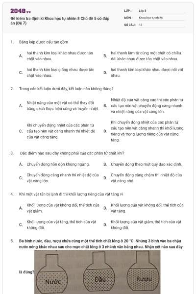 Đề kiểm tra định kì Khoa học tự nhiên 8 Chủ đề 5 có đáp án (Đề 7)
