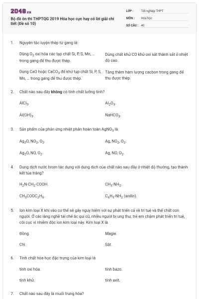 Bộ đề ôn thi THPTQG 2019 Hóa học cực hay có lời giải chi tiết (Đề số 10)