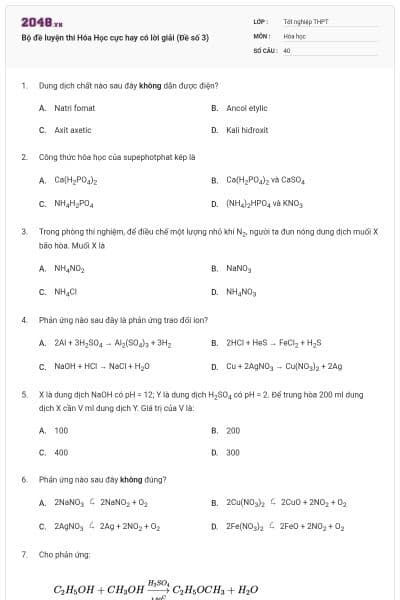 Bộ đề luyện thi Hóa Học cực hay có lời giải (Đề số 3)