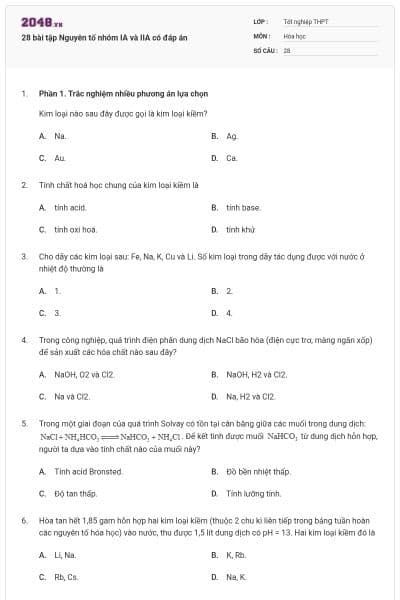 28 bài tập Nguyên tố nhóm IA và IIA có đáp án