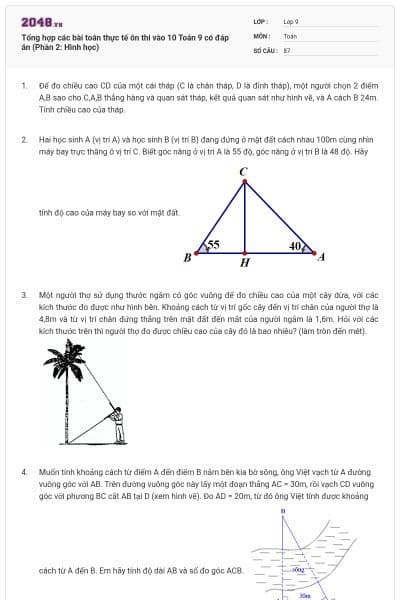 Tổng hợp các bài toán thực tế ôn thi vào 10 Toán 9 có đáp án (Phần 2: Hình học)