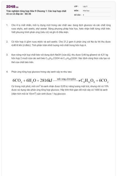 Trắc nghiệm tổng hợp Hóa 9 Chương 1: Các loại hợp chất vô cơ có đáp án - Đề 36