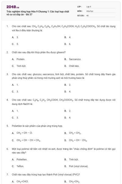 Trắc nghiệm tổng hợp Hóa 9 Chương 1: Các loại hợp chất vô cơ có đáp án - Đề 37