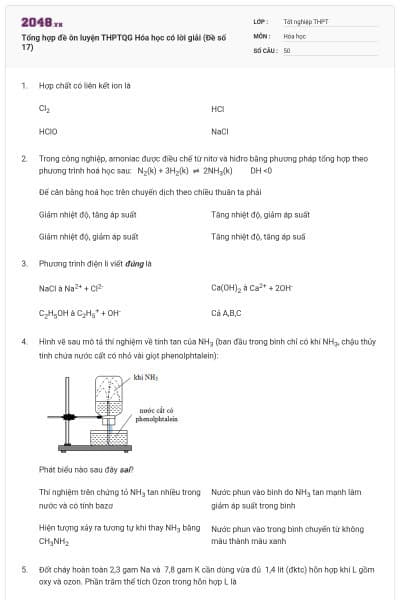 Tổng hợp đề ôn luyện THPTQG Hóa học có lời giải (Đề số 17)