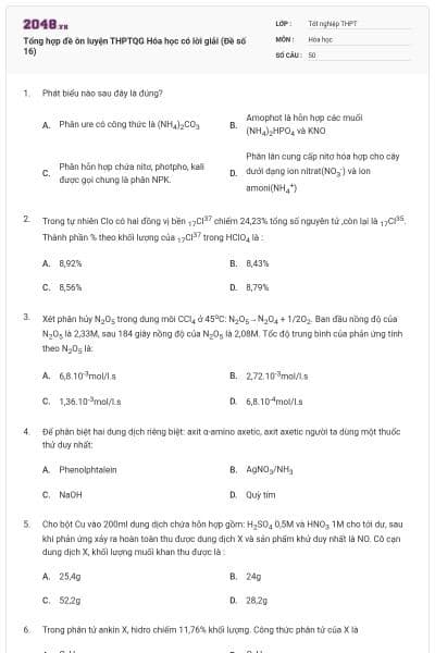 Tổng hợp đề ôn luyện THPTQG Hóa học có lời giải (Đề số 16)