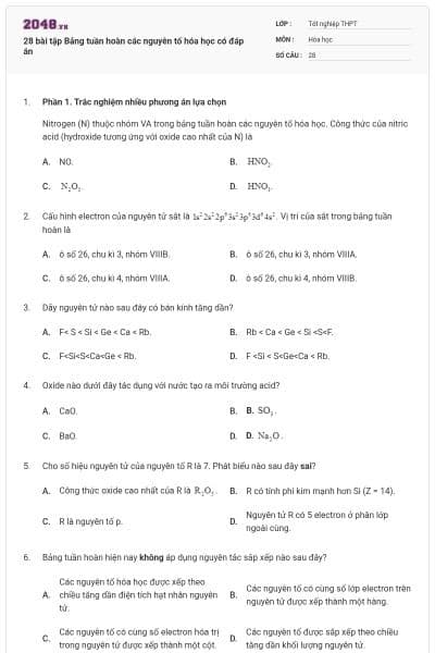28 bài tập Bảng tuần hoàn các nguyên tố hóa học có đáp án