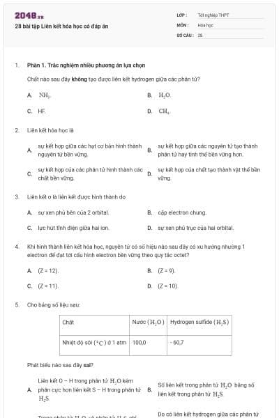28 bài tập Liên kết hóa học có đáp án