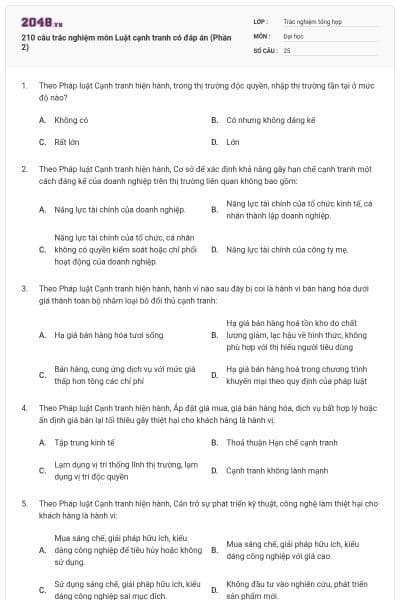 210 câu trắc nghiệm môn Luật cạnh tranh có đáp án (Phần 2)