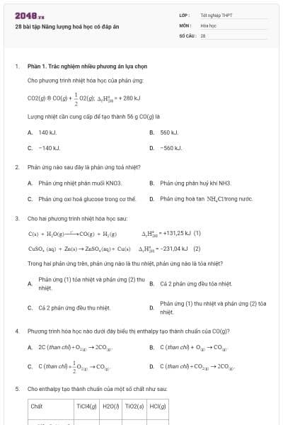 28 bài tập Năng lượng hoá học có đáp án