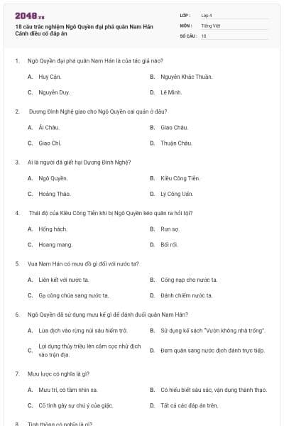 18 câu trắc nghiệm Ngô Quyền đại phá quân Nam Hán Cánh diều có đáp án