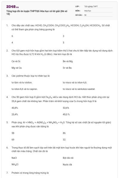 Tổng hợp đề ôn luyện THPTQG Hóa học có lời giải (Đề số 18)