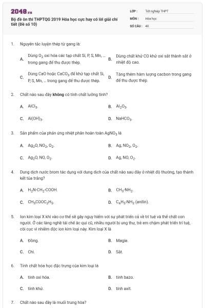 Bộ đề ôn thi THPTQG 2019 Hóa học cực hay có lời giải chi tiết (Đề số 10)