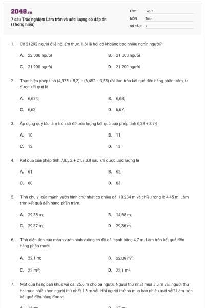 7 câu Trắc nghiệm Làm tròn và ước lượng có đáp án (Thông hiểu)