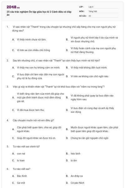 25 câu trắc nghiệm Ôn tập giữa học kì 2 Cánh diều có đáp án