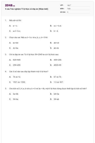 5 câu Trắc nghiệm Tỉ lệ thức có đáp án (Nhận biết)