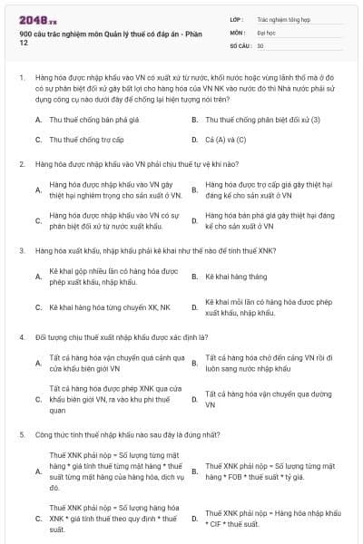 900 câu trắc nghiệm môn Quản lý thuế có đáp án - Phần 12