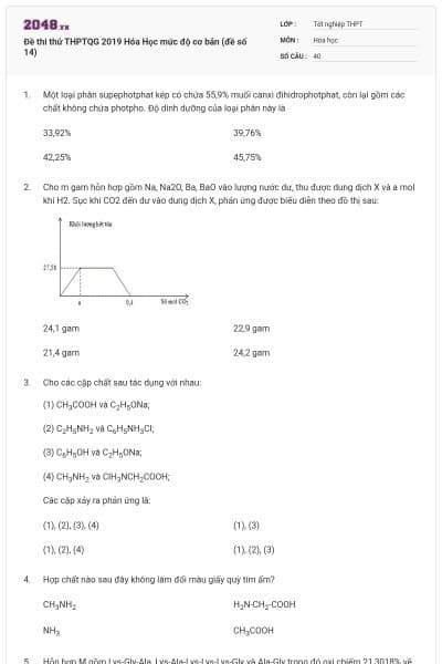Đề thi thử THPTQG 2019 Hóa Học mức độ cơ bản (đề số 14)