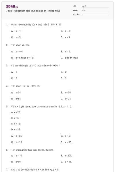 7 câu Trắc nghiệm Tỉ lệ thức có đáp án (Thông hiểu)