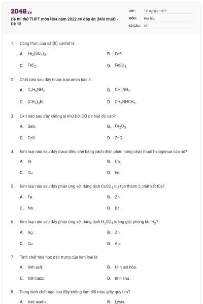Đề thi thử THPT môn Hóa năm 2022 có đáp án (Mới nhất) - Đề 18