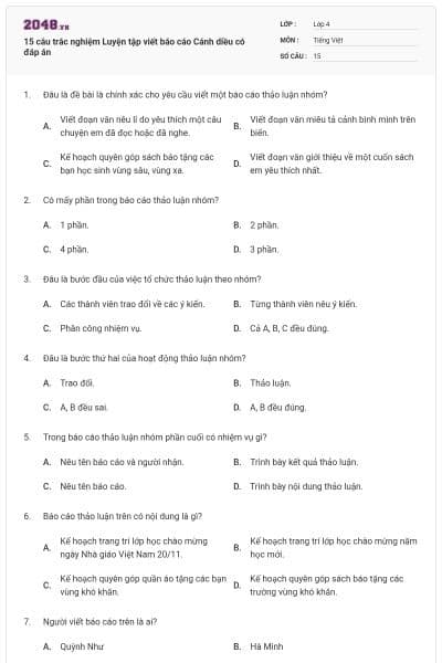 15 câu trắc nghiệm Luyện tập viết báo cáo Cánh diều có đáp án