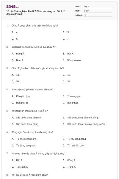 15 câu Trắc nghiệm Địa lý 7 Chân trời sáng tạo Bài 7 có đáp án (Phần 2)