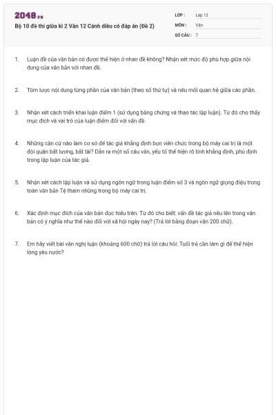 Bộ 10 đề thi giữa kì 2 Văn 12 Cánh diều có đáp án (Đề 2)