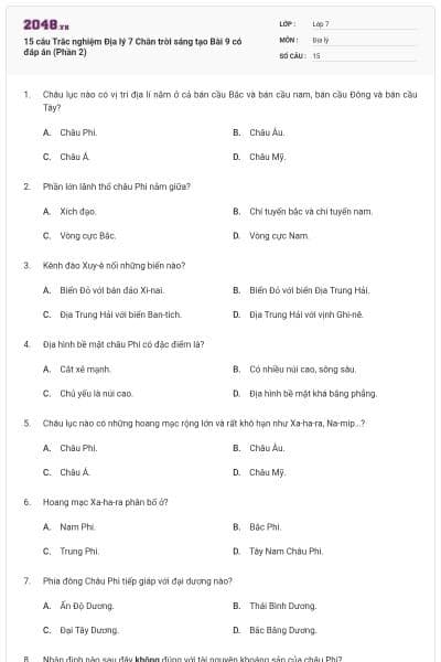 15 câu Trắc nghiệm Địa lý 7 Chân trời sáng tạo Bài 9 có đáp án (Phần 2)