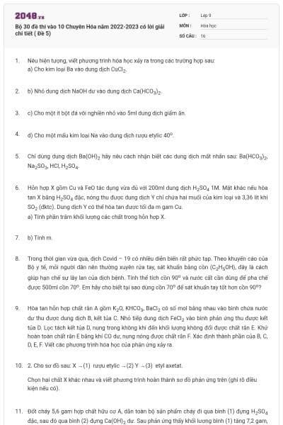 Bộ 30 đề thi vào 10 Chuyên Hóa năm 2022-2023 có lời giải chi tiết ( Đề 5)