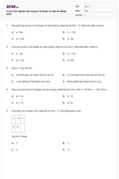 5 câu Trắc nghiệm Đại lượng tỉ lệ thuận có đáp án (Nhận biết)