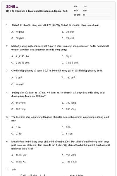 Bộ 5 đề thi giữa kì 2 Toán lớp 5 Cánh diều có đáp án - Đề 5