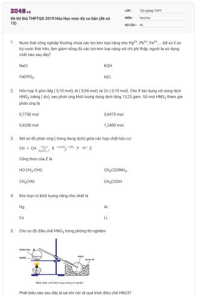 Đề thi thử THPTQG 2019 Hóa Học mức độ cơ bản (đề số 15)