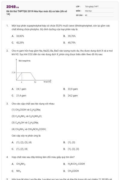 Đề thi thử THPTQG 2019 Hóa Học mức độ cơ bản (đề số 14)