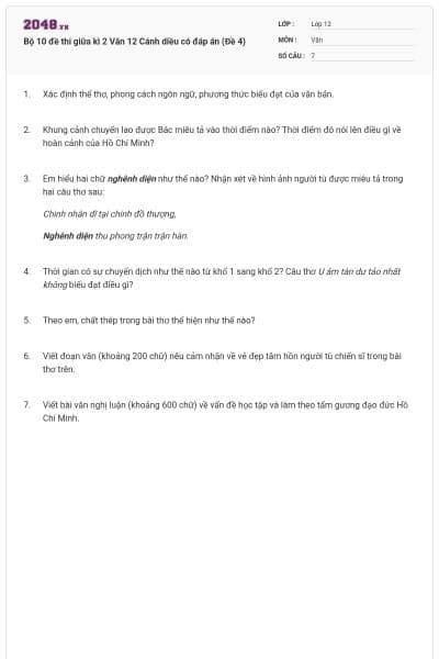 Bộ 10 đề thi giữa kì 2 Văn 12 Cánh diều có đáp án (Đề 4)