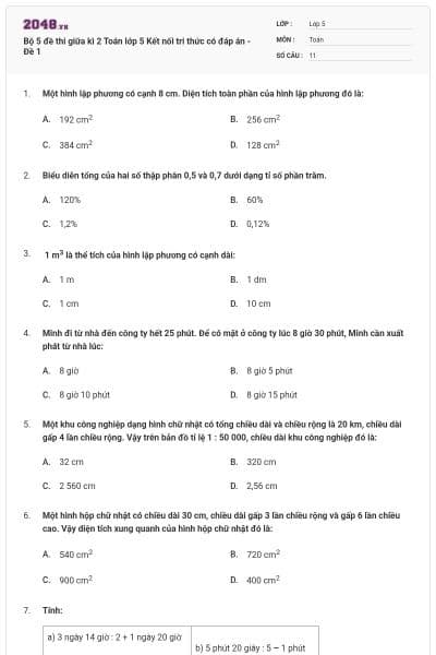 Bộ 5 đề thi giữa kì 2 Toán lớp 5 Kết nối tri thức có đáp án - Đề 1