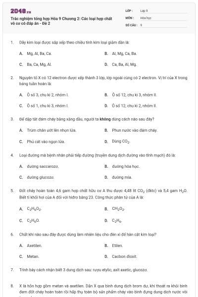 Trắc nghiệm tổng hợp Hóa 9 Chương 2: Các loại hợp chất vô cơ có đáp án - Đề 2