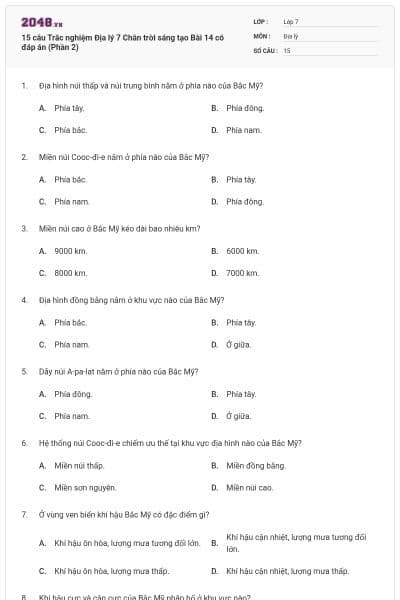15 câu Trắc nghiệm Địa lý 7 Chân trời sáng tạo Bài 14 có đáp án (Phần 2)