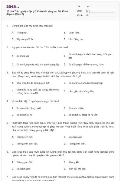 15 câu Trắc nghiệm Địa lý 7 Chân trời sáng tạo Bài 15 có đáp án (Phần 2)