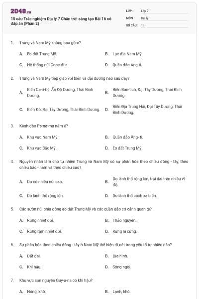 15 câu Trắc nghiệm Địa lý 7 Chân trời sáng tạo Bài 16 có đáp án (Phần 2)
