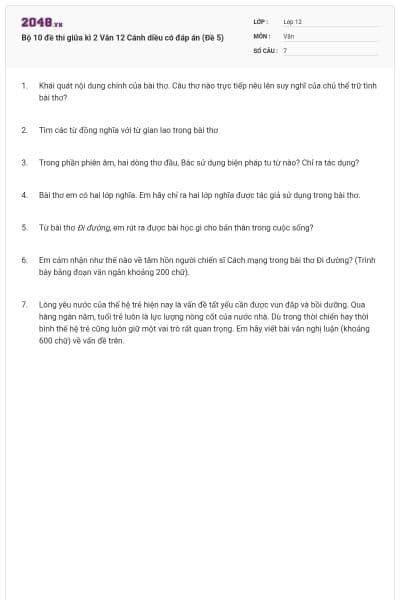 Bộ 10 đề thi giữa kì 2 Văn 12 Cánh diều có đáp án (Đề 5)