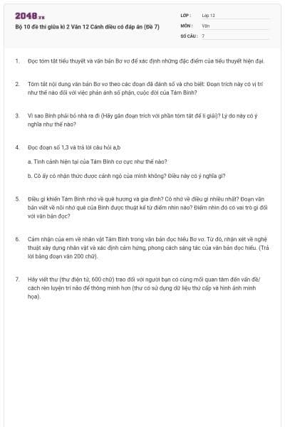 Bộ 10 đề thi giữa kì 2 Văn 12 Cánh diều có đáp án (Đề 7)