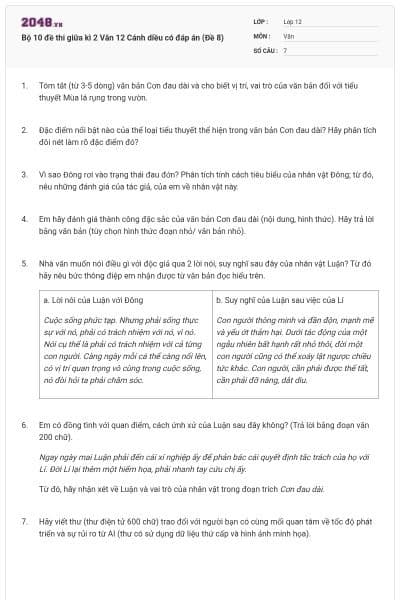Bộ 10 đề thi giữa kì 2 Văn 12 Cánh diều có đáp án (Đề 8)