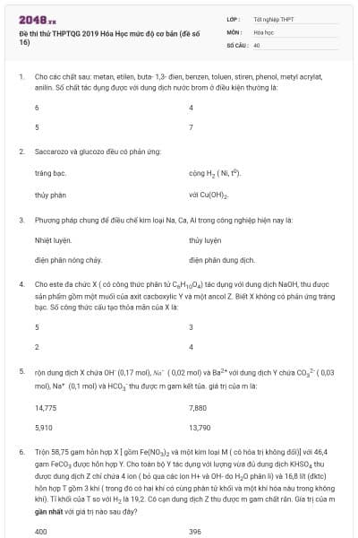 Đề thi thử THPTQG 2019 Hóa Học mức độ cơ bản (đề số 16)