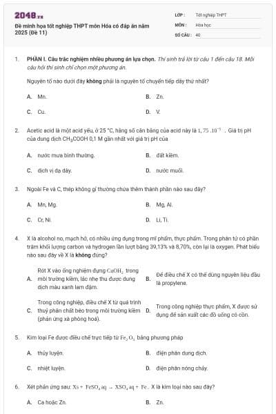 Đề minh họa tốt nghiệp THPT môn Hóa có đáp án năm 2025 (Đề 11)