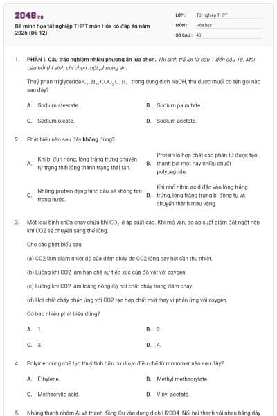 Đề minh họa tốt nghiệp THPT môn Hóa có đáp án năm 2025 (Đề 12)