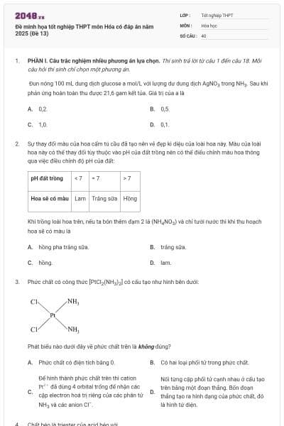 Đề minh họa tốt nghiệp THPT môn Hóa có đáp án năm 2025 (Đề 13)