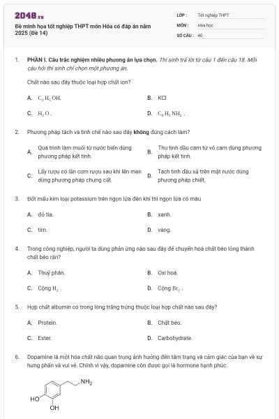 Đề minh họa tốt nghiệp THPT môn Hóa có đáp án năm 2025 (Đề 14)