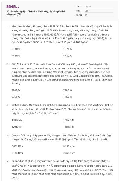 50 câu trắc nghiệm Chất rắn, Chất lỏng, Sự chuyển thể nâng cao (P3)