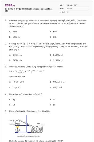 Đề thi thử THPTQG 2019 Hóa Học mức độ cơ bản (đề số 15)